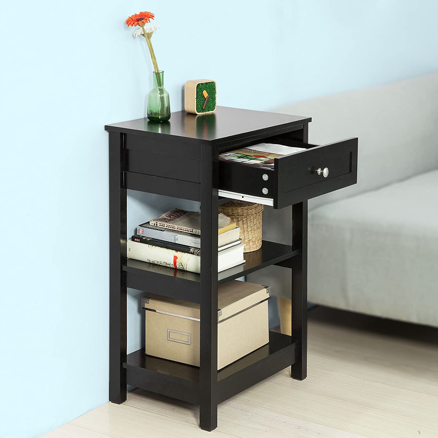 Black Bedside Table with 1 Drawer and 2 Shelves Big Bedding Australia
