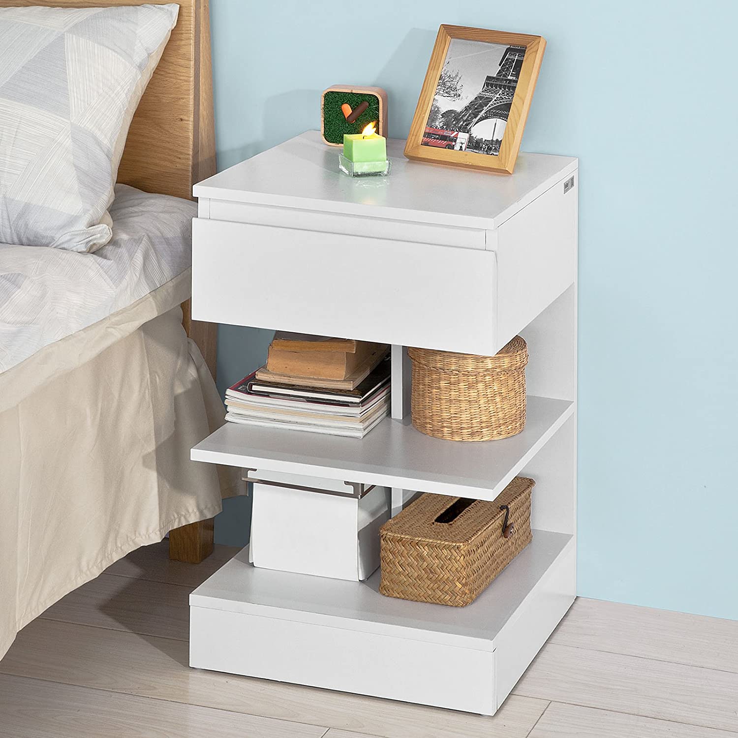 White Side Table Bedside Table with 1 Drawer and 3 Shelves Big Bedding Australia