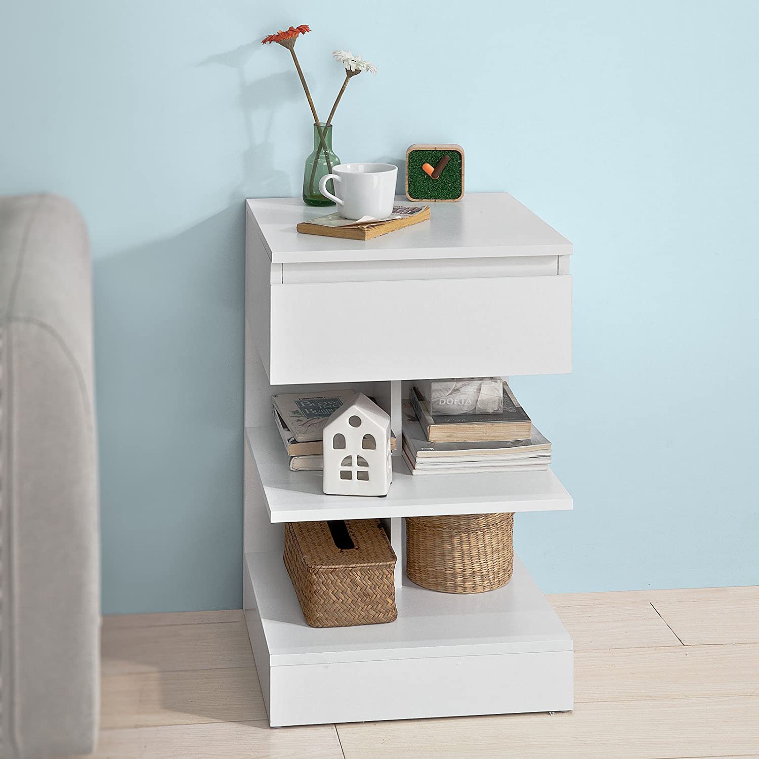 White Side Table Bedside Table with 1 Drawer and 3 Shelves Big Bedding Australia