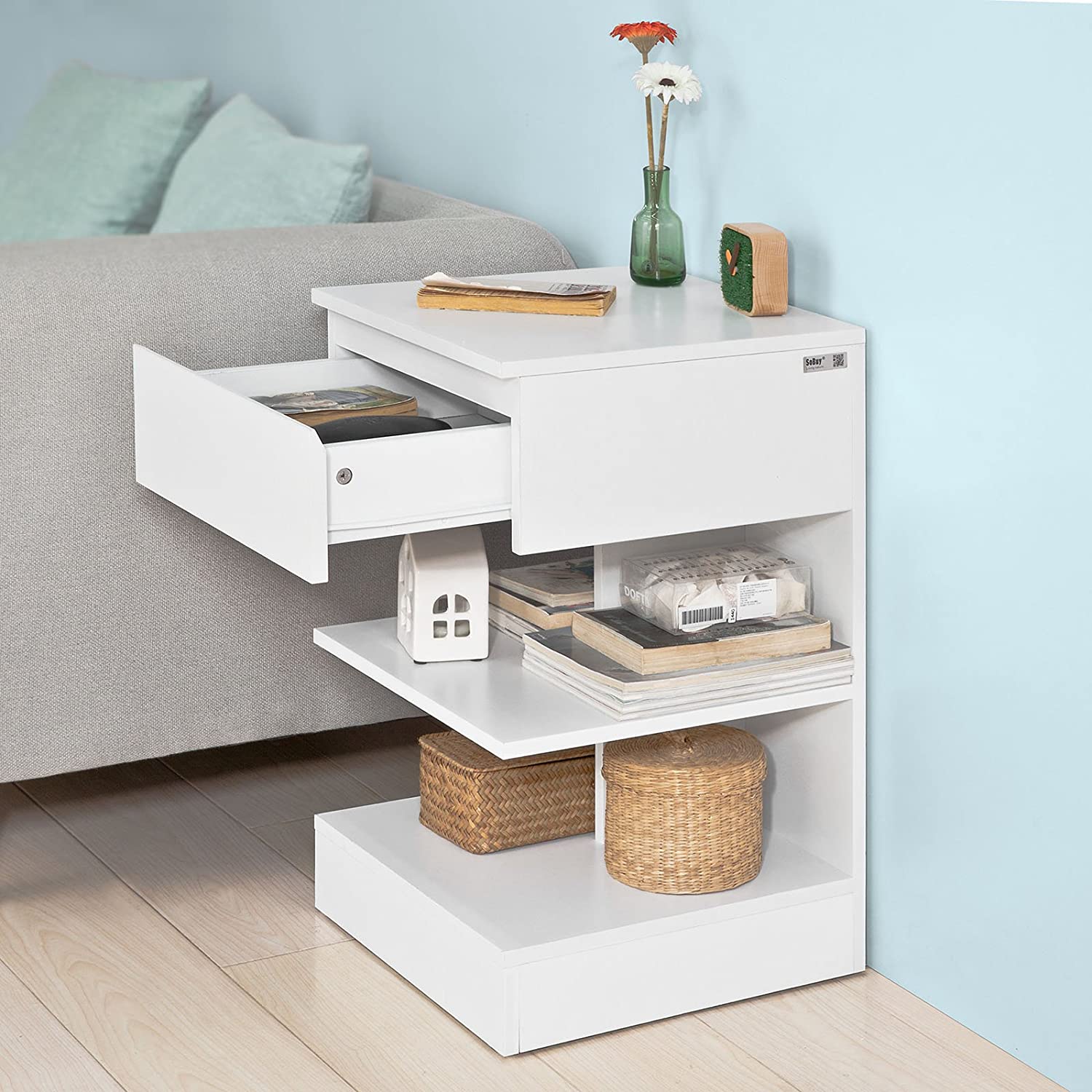 White Side Table Bedside Table with 1 Drawer and 3 Shelves Big Bedding Australia