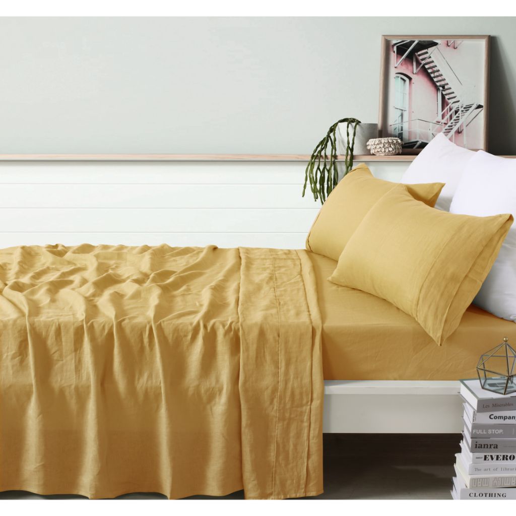 Vintage Design Orchre French 100% Linen Sheet Set Vintage Design