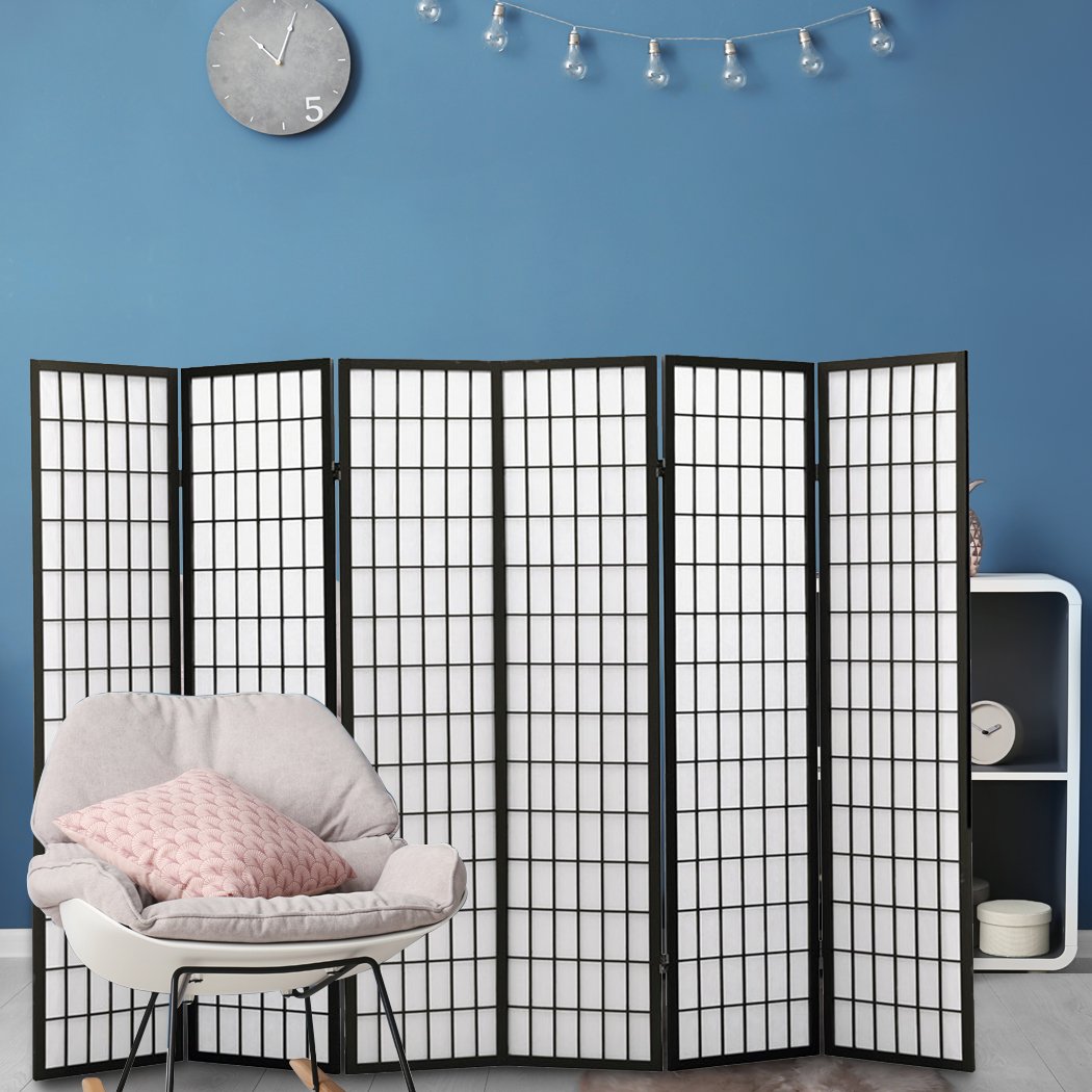 6 Panel Free Standing Foldable  Room Divider Privacy Screen Black Frame Levede