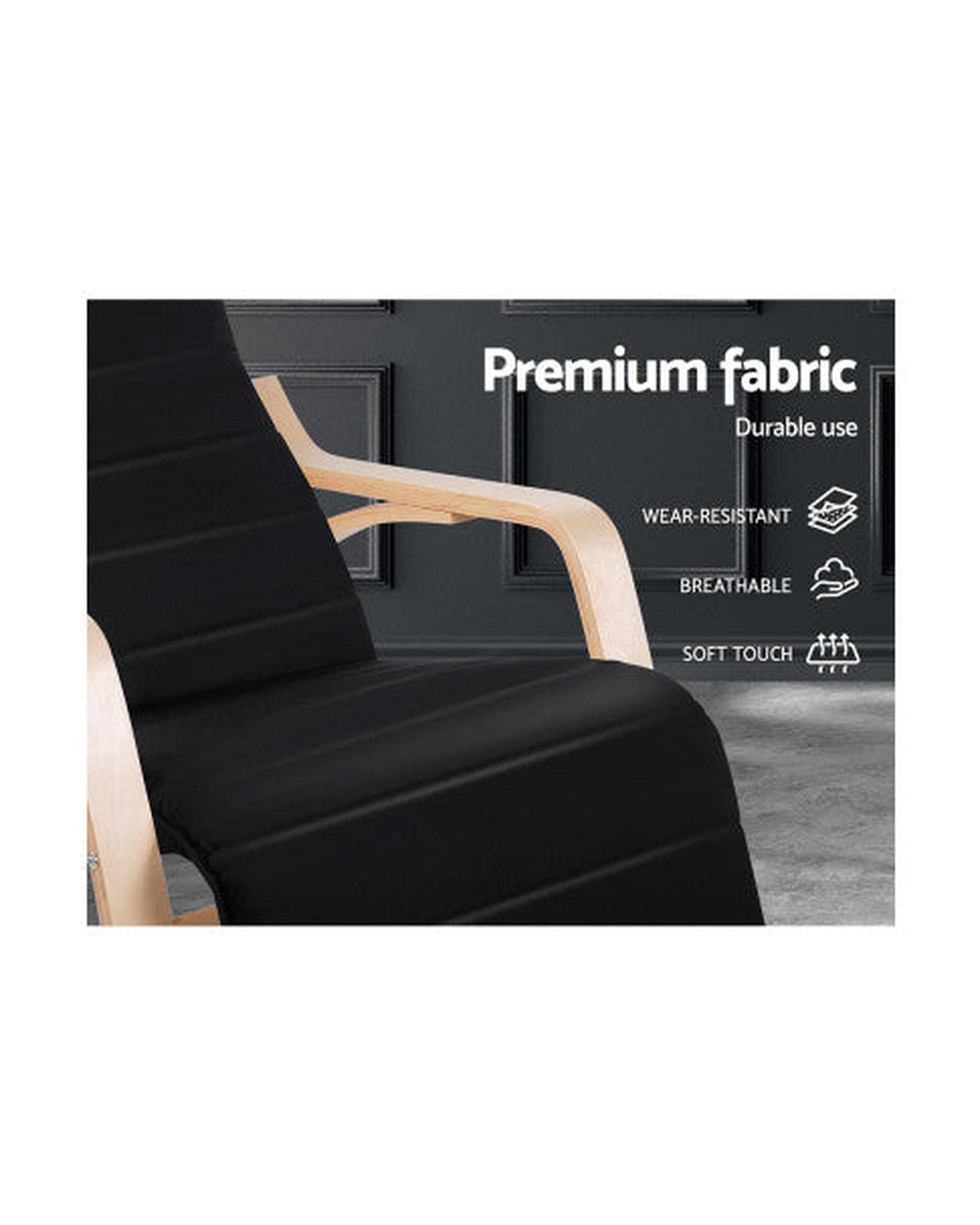 Fabric Rocking Armchair with Adjustable Footrest - Black Artiss