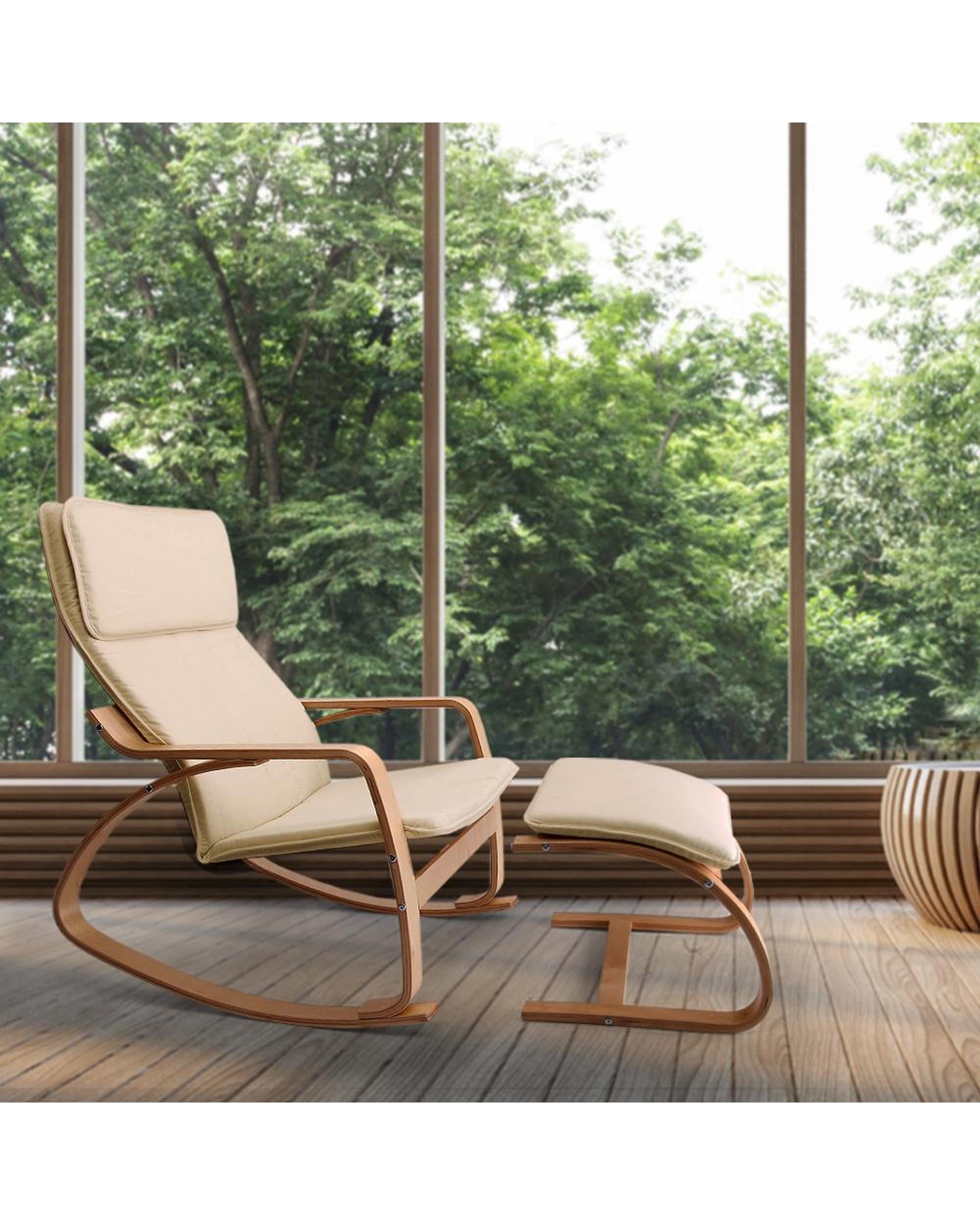 Wooden Armchair with Foot Stool - Beige Artiss