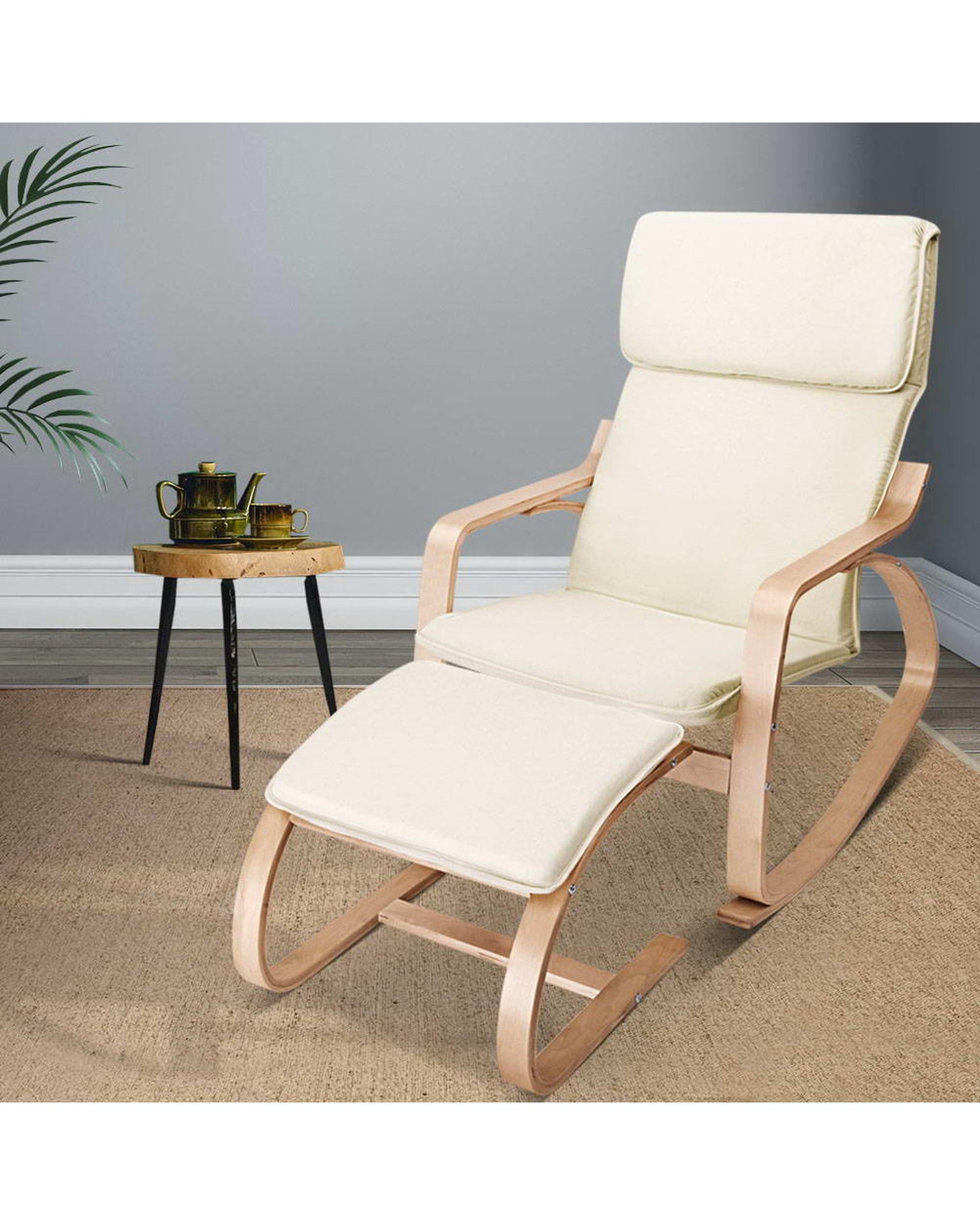 Wooden Armchair with Foot Stool - Beige Artiss