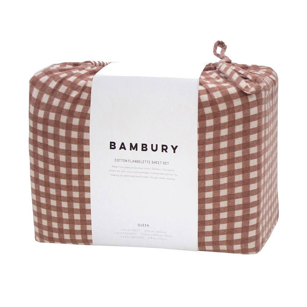 Bambury Gingham Flannelette Sheet Set Clove Bambury