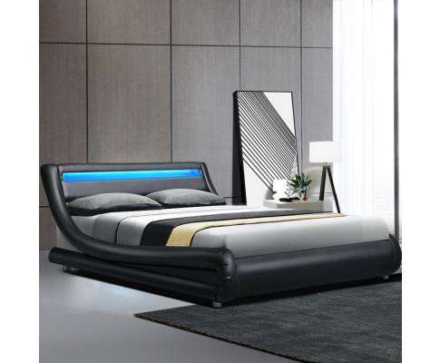 ALEX LED Bed Frame Base Mattress Platform Black Leather Artiss