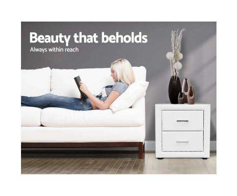 PVC Leather Bedside Table - White Artiss