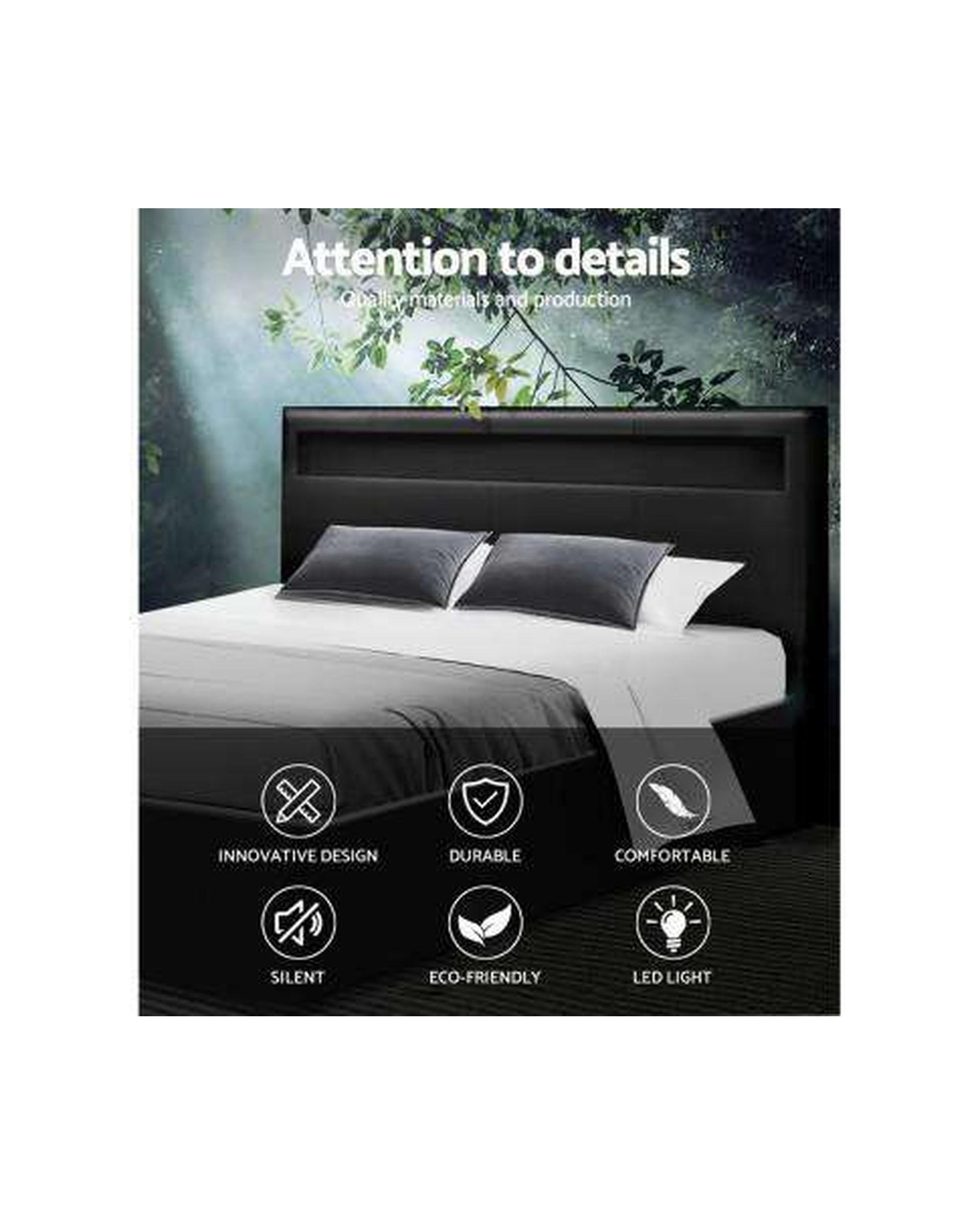 LED Leather Bed Frame Gas Lift Base With Storage -  Black Artiss