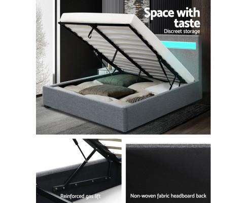 LED Fabric Bed Frame Gas Lift Base With Storage - Grey Artiss