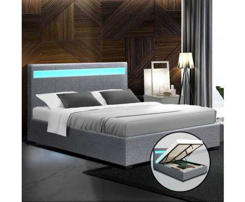 LED Fabric Bed Frame Gas Lift Base With Storage - Grey Artiss