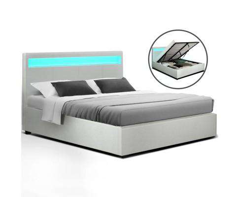 LED Leather Bed Frame Gas Lift Base With Storage - White Artiss