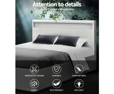 LED Leather Bed Frame Gas Lift Base With Storage - White Artiss