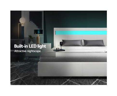 LED Leather Bed Frame Gas Lift Base With Storage - White Artiss