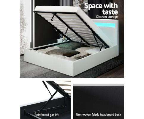 LED Leather Bed Frame Gas Lift Base With Storage - White Artiss