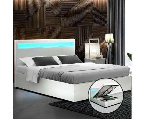 LED Leather Bed Frame Gas Lift Base With Storage - White Artiss