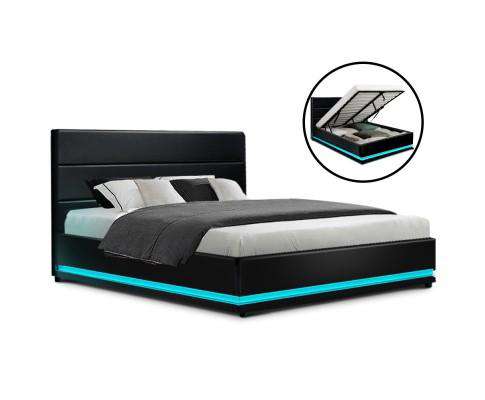 RGB LED Bed Frame Gas Lift Base Storage Black Leather LUMI Artiss