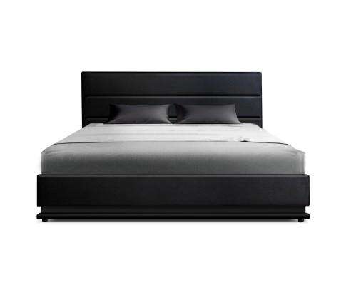 RGB LED Bed Frame Gas Lift Base Storage Black Leather LUMI Artiss