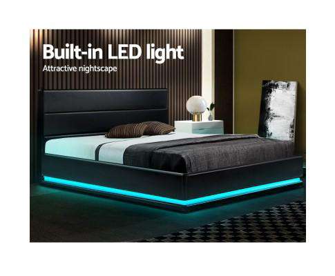 RGB LED Bed Frame Gas Lift Base Storage Black Leather LUMI Artiss