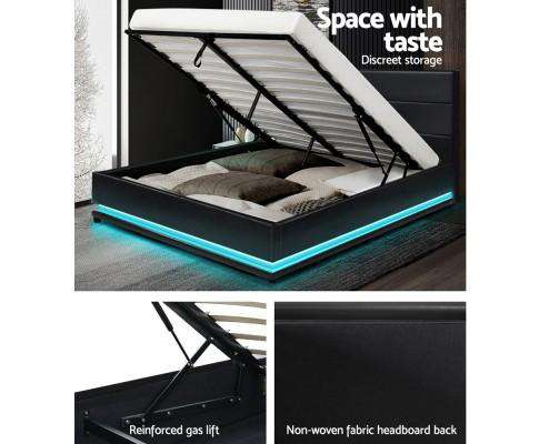 RGB LED Bed Frame Gas Lift Base Storage Black Leather LUMI Artiss