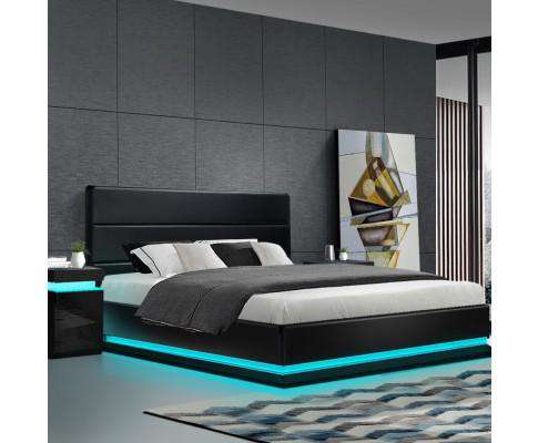 RGB LED Bed Frame Gas Lift Base Storage Black Leather LUMI Artiss