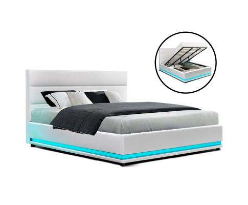 RGB LED Bed Frame Gas Lift Base Storage White Leather LUMI Artiss