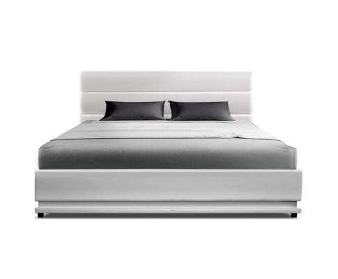 RGB LED Bed Frame Gas Lift Base Storage White Leather LUMI Artiss