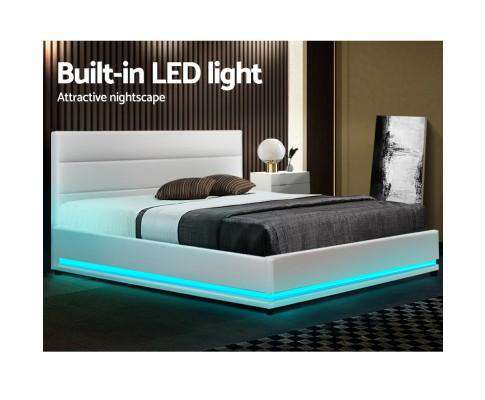 RGB LED Bed Frame Gas Lift Base Storage White Leather LUMI Artiss
