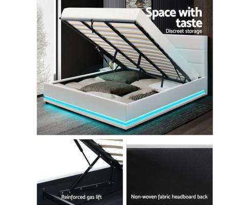 RGB LED Bed Frame Gas Lift Base Storage White Leather LUMI Artiss