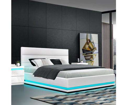 RGB LED Bed Frame Gas Lift Base Storage White Leather LUMI Artiss