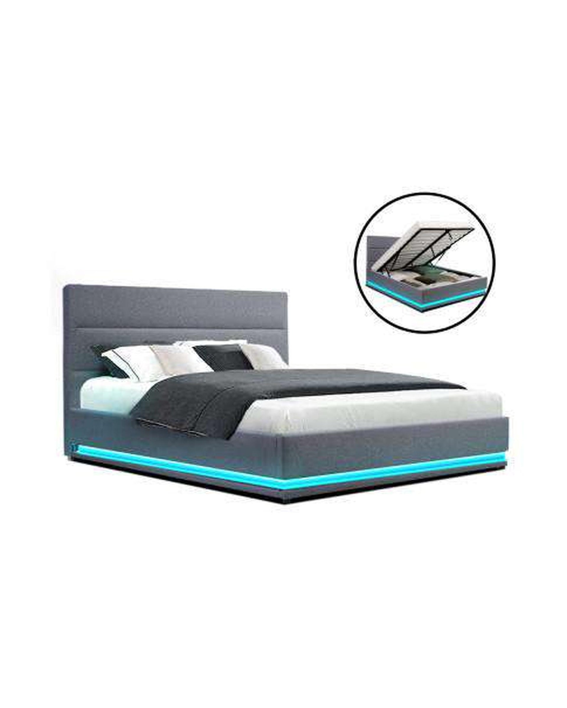 RGB LED Bed Frame Queen Size Gas Lift Base With Storage Grey Fabric LUMI Artiss
