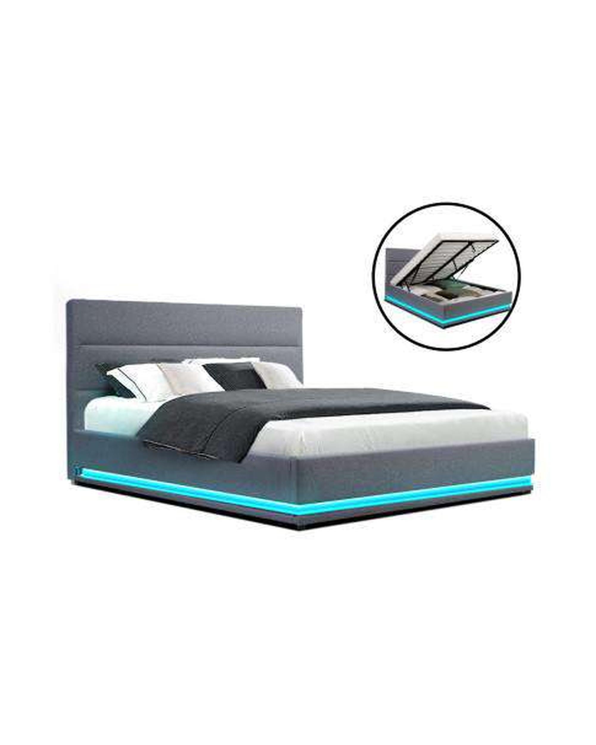 RGB LED Bed Frame Queen Size Gas Lift Base With Storage Grey Fabric LUMI Artiss