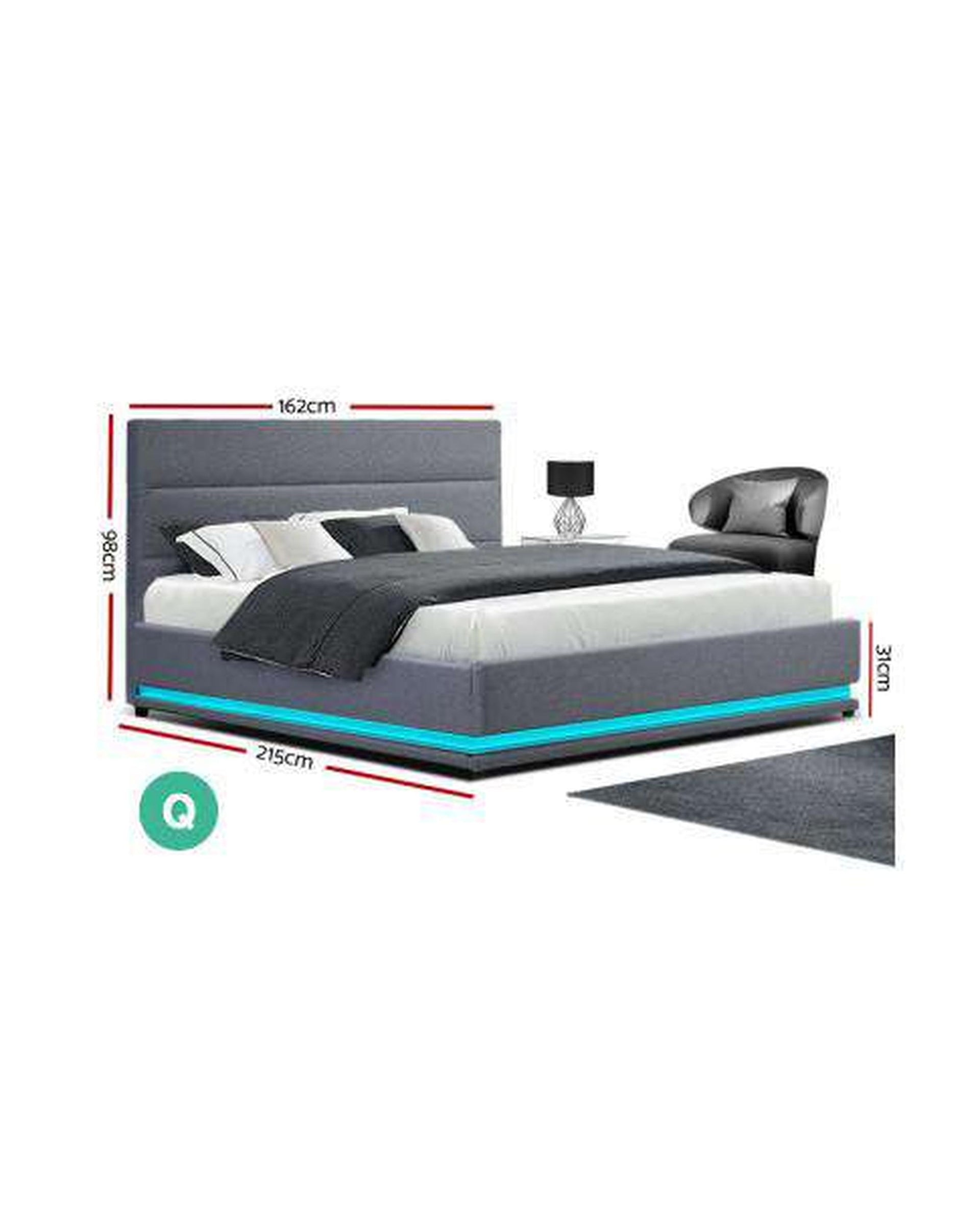 RGB LED Bed Frame Queen Size Gas Lift Base With Storage Grey Fabric LUMI Artiss