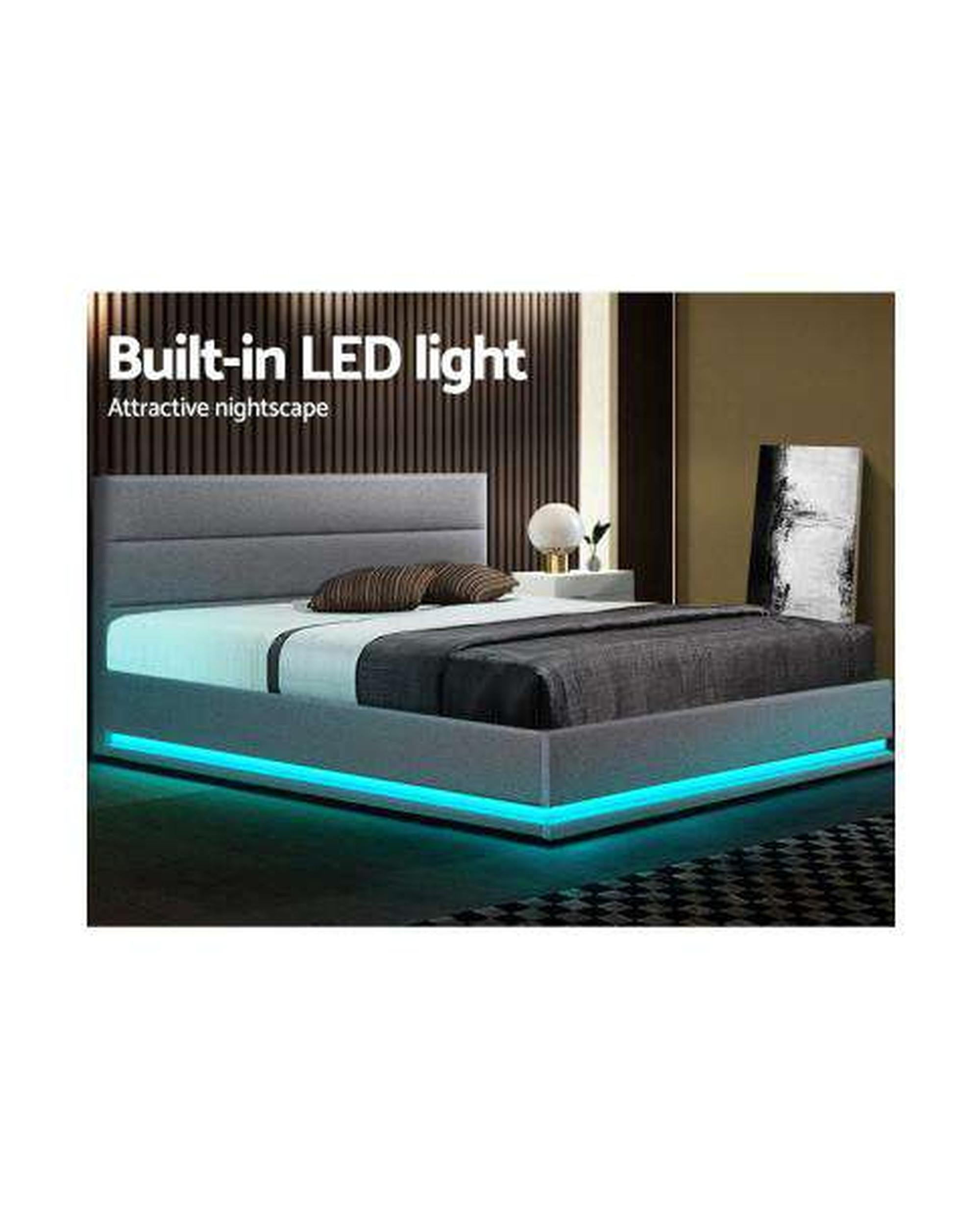RGB LED Bed Frame Queen Size Gas Lift Base With Storage Grey Fabric LUMI Artiss
