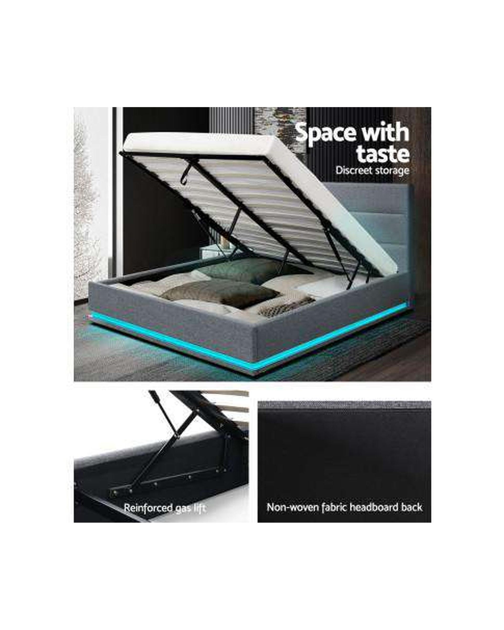 RGB LED Bed Frame Queen Size Gas Lift Base With Storage Grey Fabric LUMI Artiss