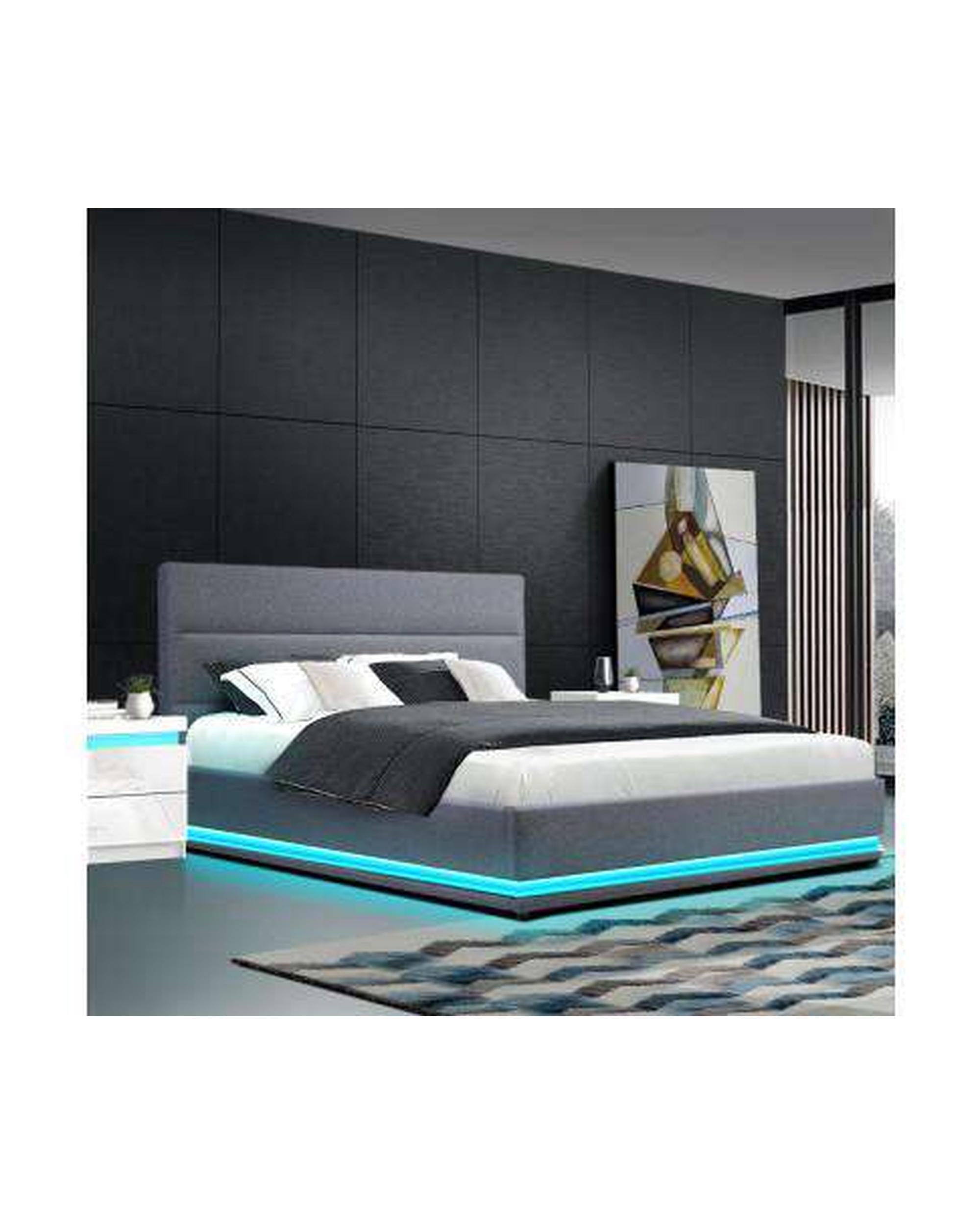 RGB LED Bed Frame Queen Size Gas Lift Base With Storage Grey Fabric LUMI Artiss