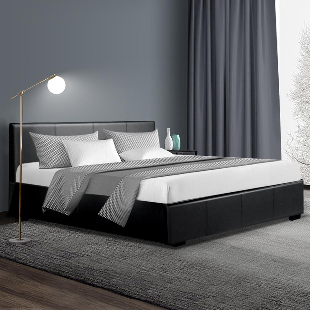 Nino Bed Frame PU Leather - Black Queen Artiss