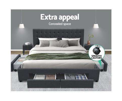 Fabric Bed Frame Headboard with Drawers - Charcoal Artiss