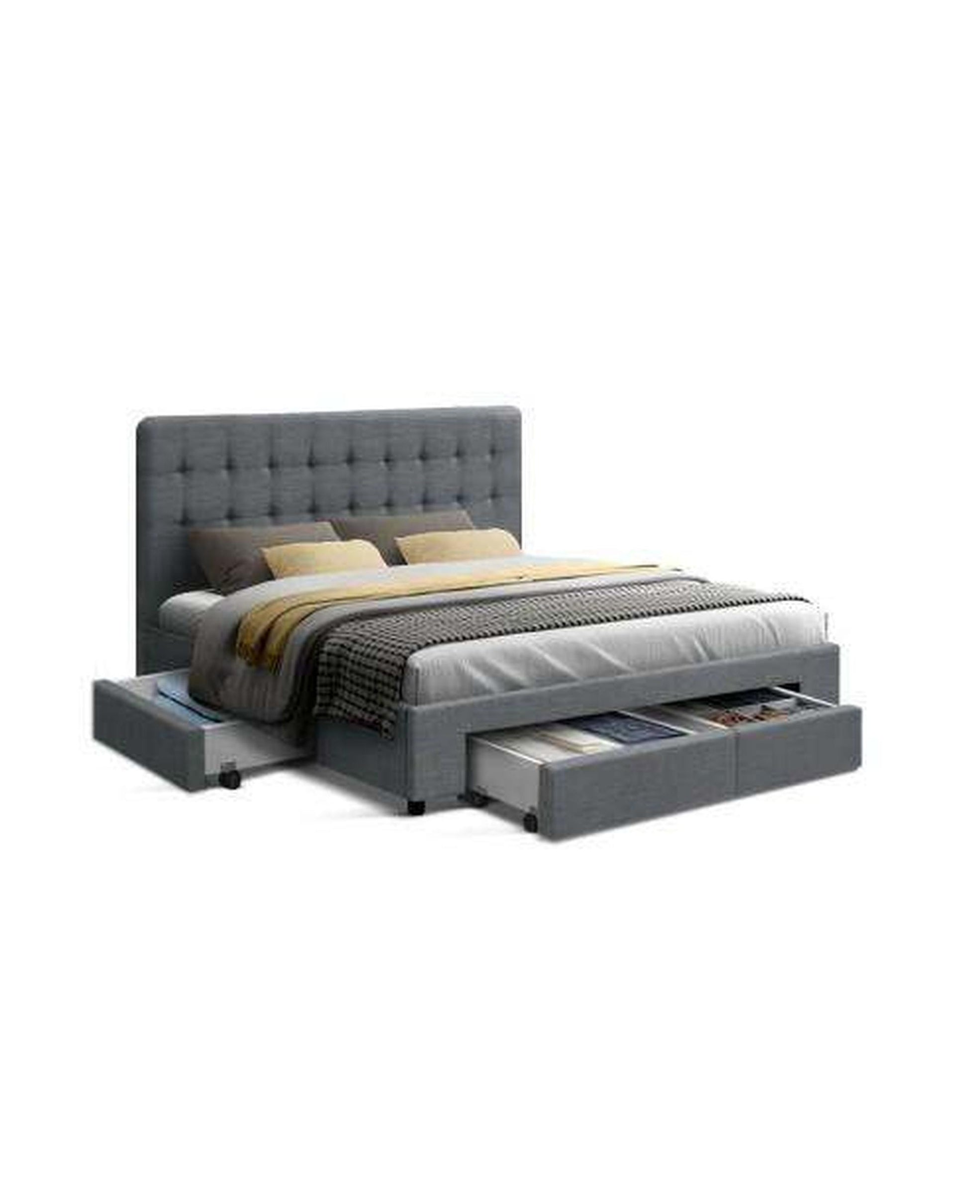 Bed Frame with 4 Storage Drawers AVIO Fabric Headboard Wooden - Grey Artiss