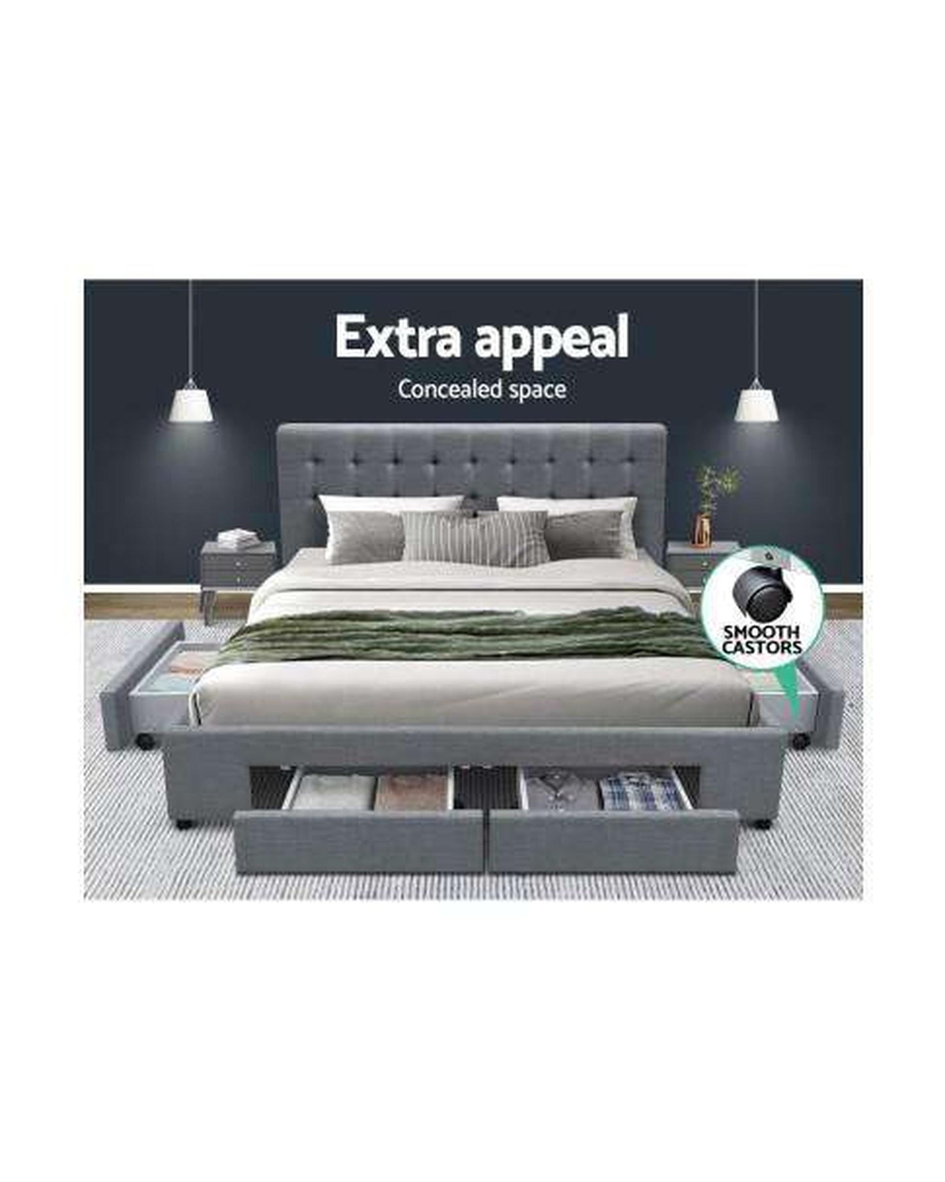 Bed Frame with 4 Storage Drawers AVIO Fabric Headboard Wooden - Grey Artiss