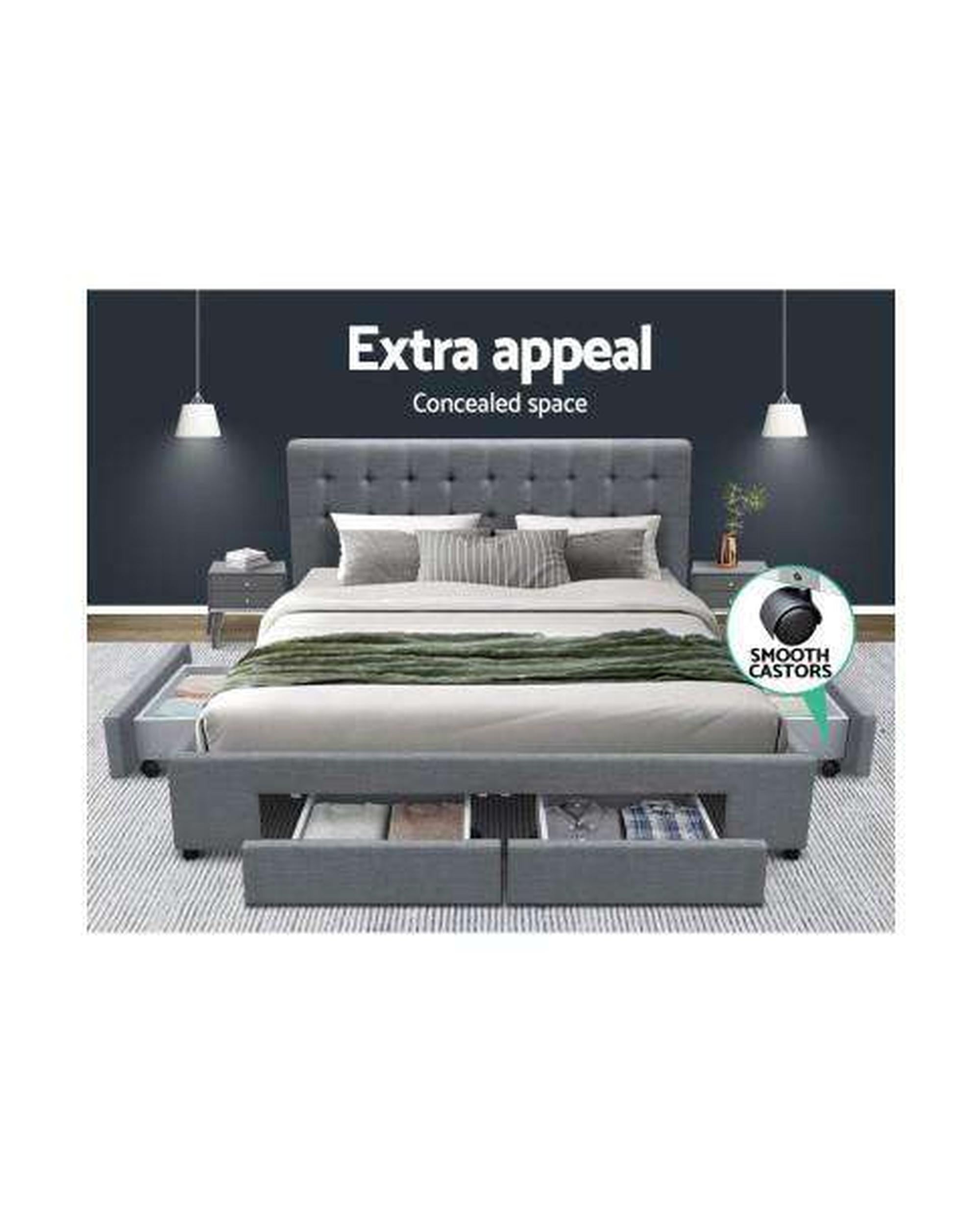 Bed Frame with 4 Storage Drawers AVIO Fabric Headboard Wooden - Grey Artiss