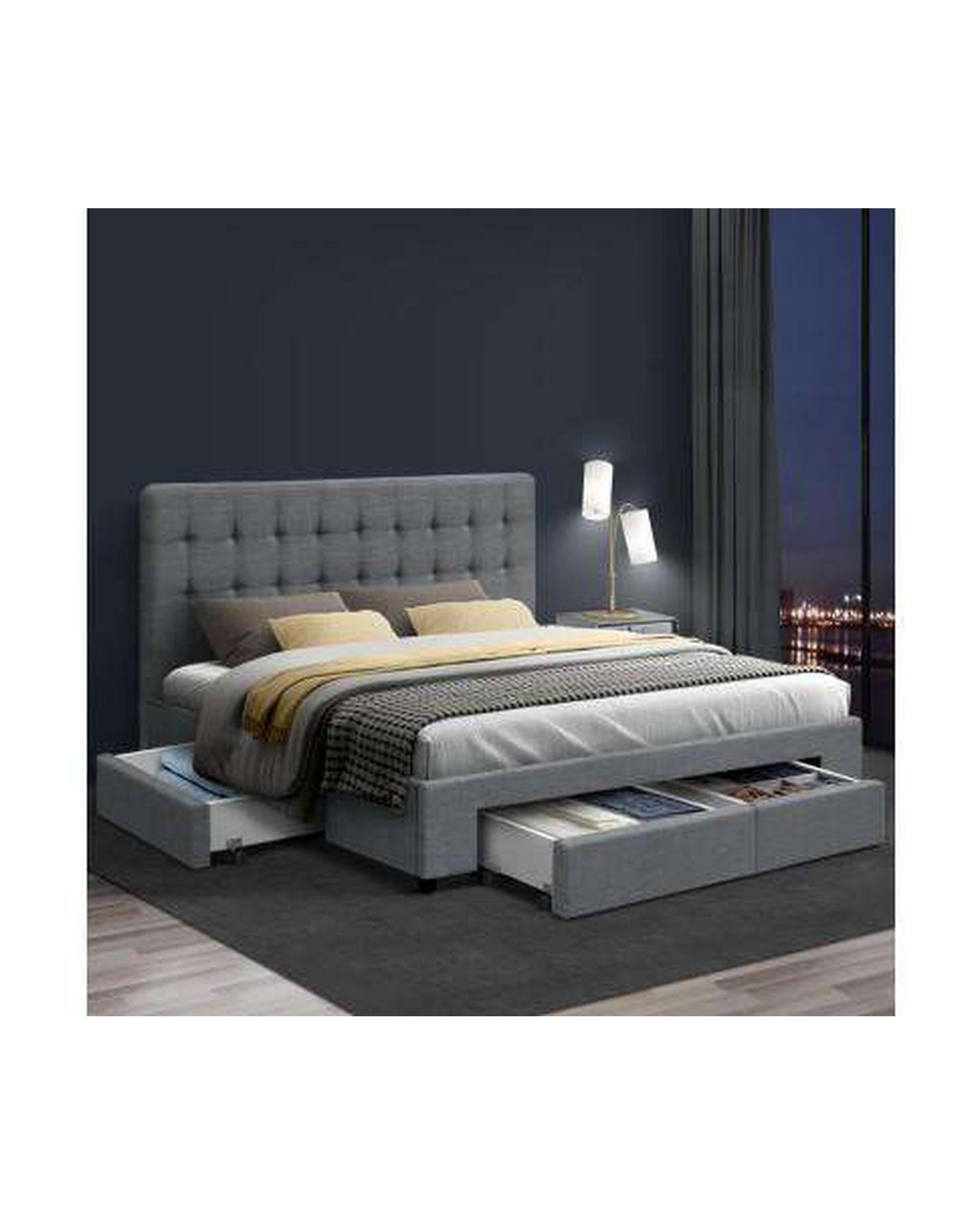 Bed Frame with 4 Storage Drawers AVIO Fabric Headboard Wooden - Grey Artiss