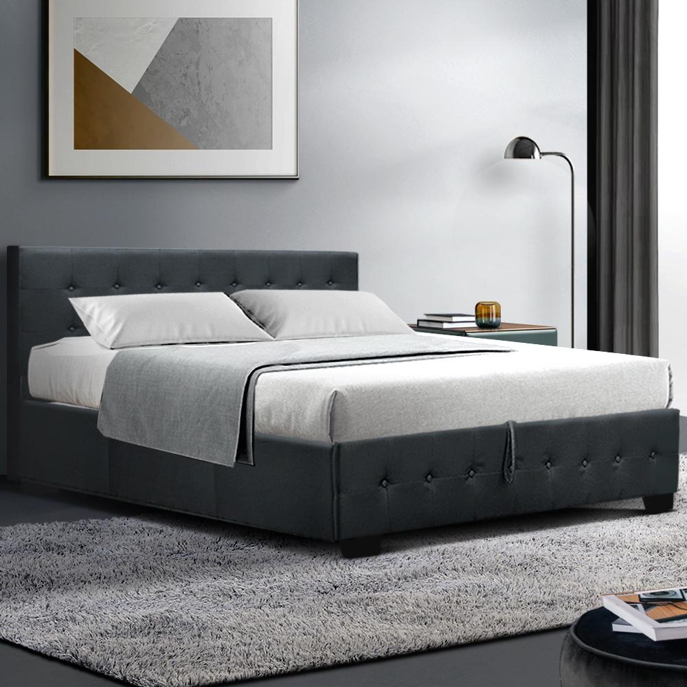 Roca Bed Frame Fabric Gas Lift Storage - Charcoal Queen Artiss