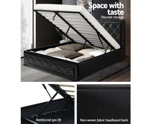 TIYO Gas Lift Bed Frame Base With Storage Mattress PU Leather - Black Artiss