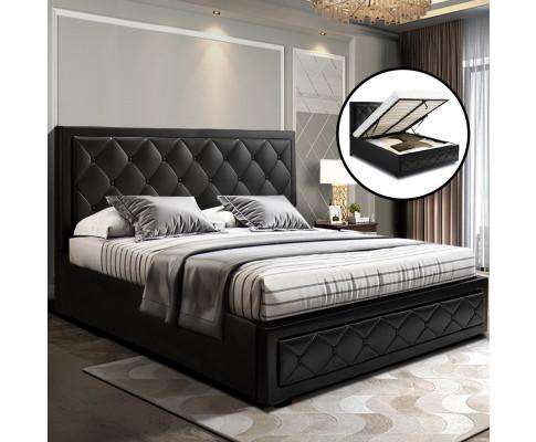 TIYO Gas Lift Bed Frame Base With Storage Mattress PU Leather - Black Artiss