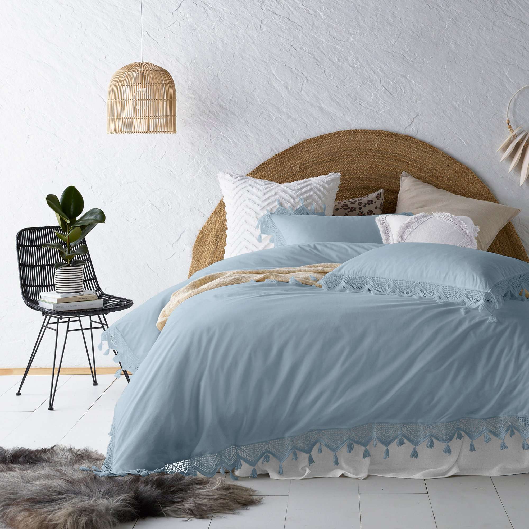 Vintage Design Gypsy Light Blue 100% Cotton Tassel Quilt Cover Sets Vintage Design