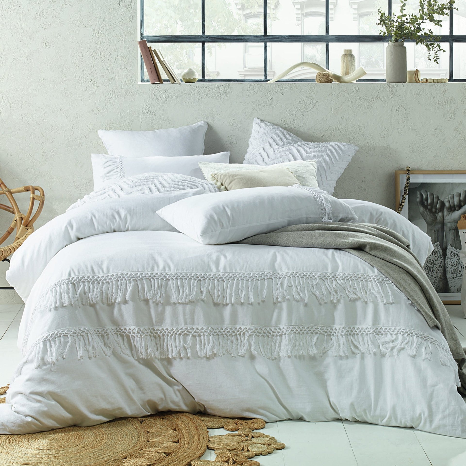 Vintage Design White Boho Tassel Cotton Quilt Cover Set Vintage Design