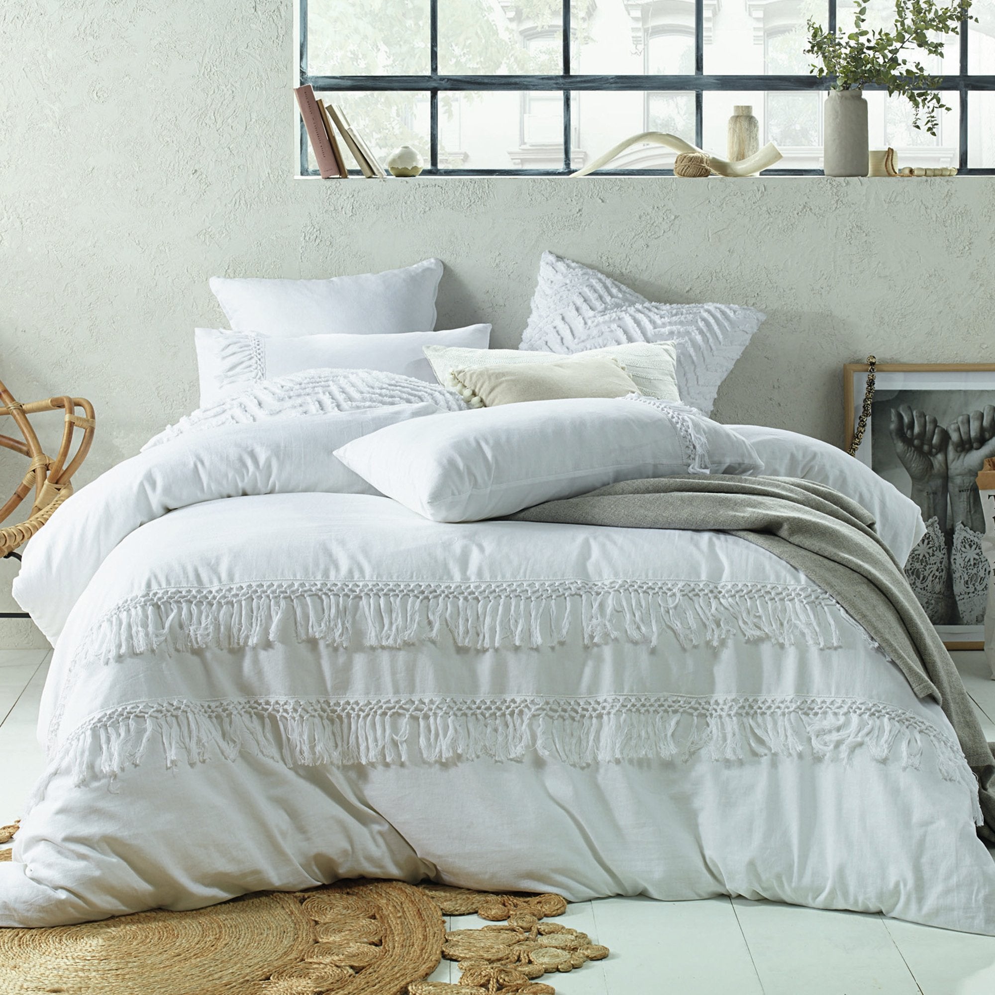 Vintage Design White Boho Tassel Cotton Quilt Cover Set Vintage Design