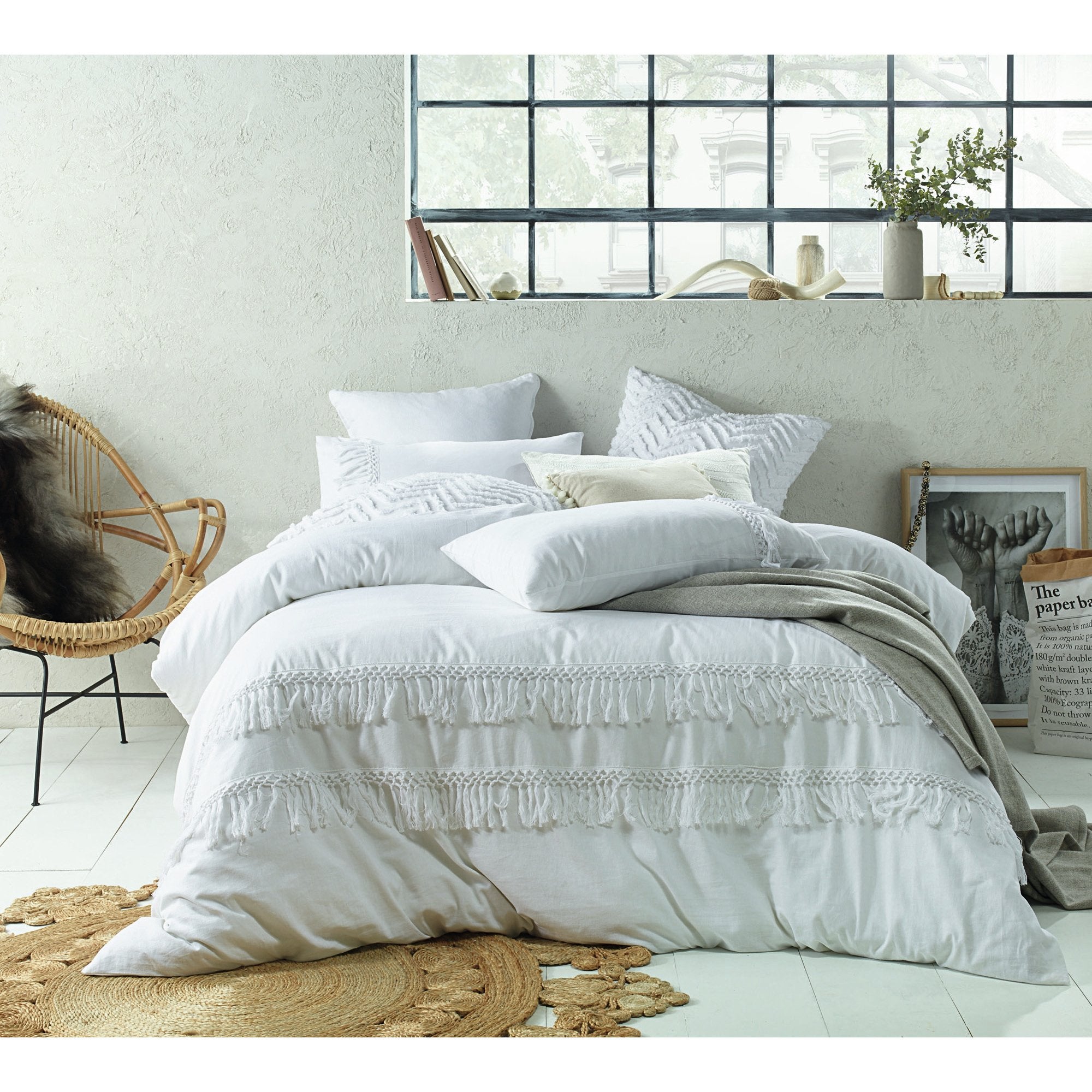 Vintage Design White Boho Tassel Cotton Quilt Cover Set Vintage Design