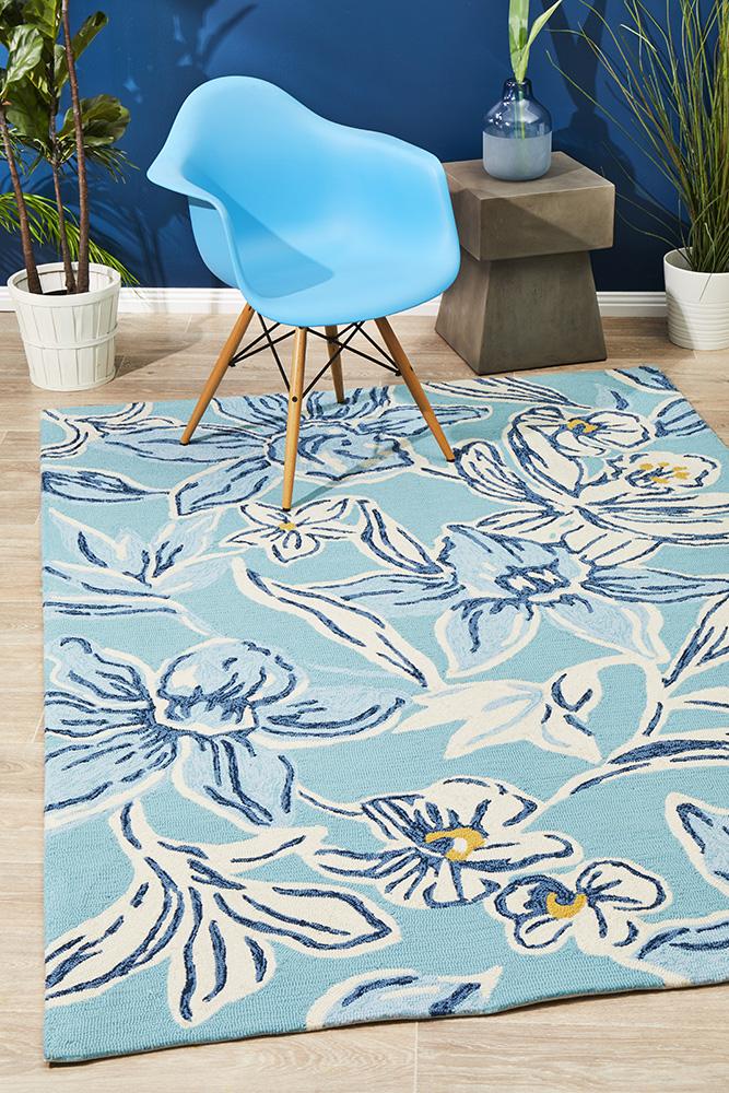 Copacabana Whimsical Blue Floral Indoor Outdoor Rug Rug Culture